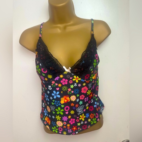 Omighty Black Vibrant Floral Print Lace Trim Skulls Cropped Stretch Cami Cami M - Picture 1 of 14